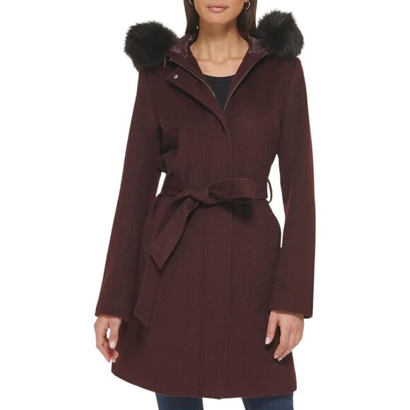 NWT Cole Haan Women's Hooded Coat Slick Wool Detatchable Faux Fur Trim- Women 8 - Picture 1 of 13